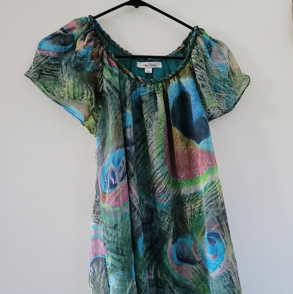 Blue Moon Silk Multicolor Blouse with Green And Blue Peacock Designs, Size M